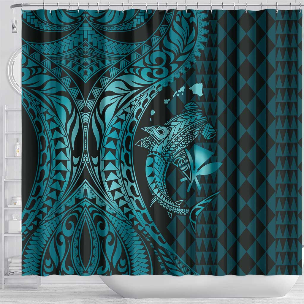 Aloha Hawaii Hammerhead Shark Shower Curtain Turquoise Kakau and Polynesian Tattoo LT03