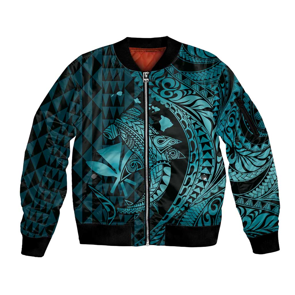 Aloha Hawaii Hammerhead Shark Sleeve Zip Bomber Jacket Turquoise Kakau and Polynesian Tattoo LT03