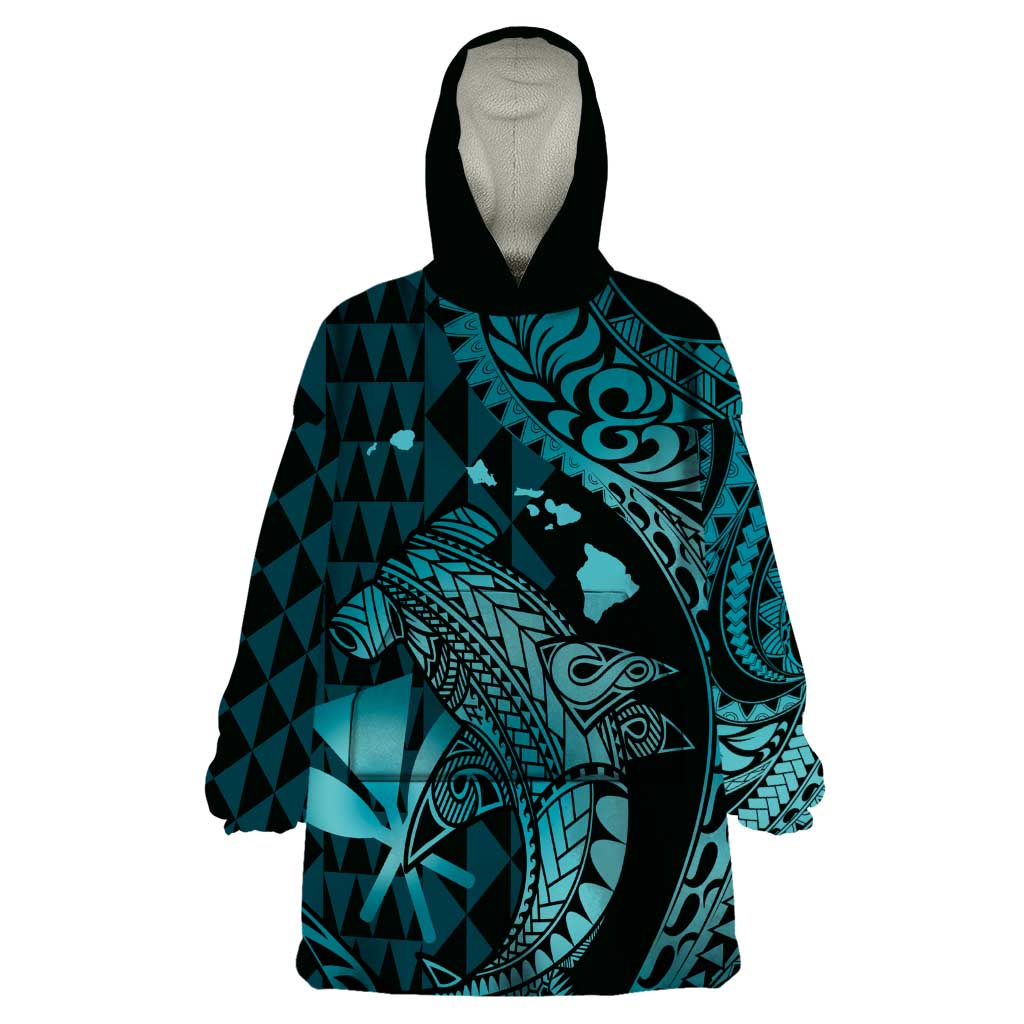 Aloha Hawaii Hammerhead Shark Wearable Blanket Hoodie Turquoise Kakau and Polynesian Tattoo LT03