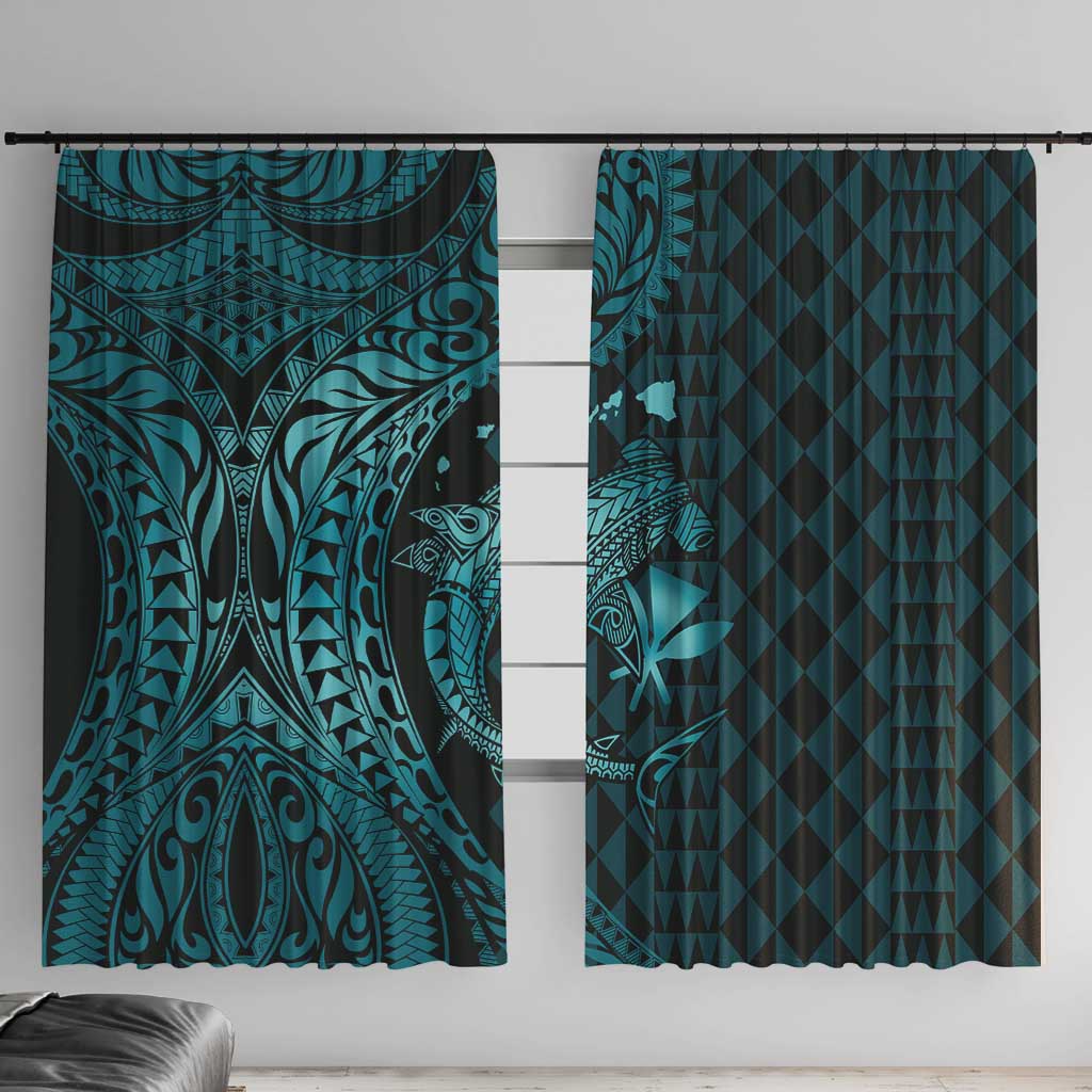 Aloha Hawaii Hammerhead Shark Window Curtain Turquoise Kakau and Polynesian Tattoo LT03
