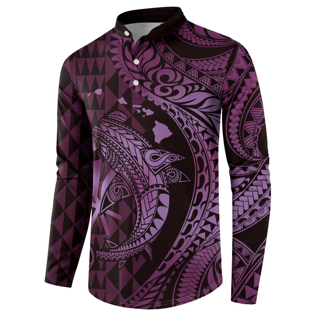 Aloha Hawaii Hammerhead Shark Button Sweatshirt Purple Kakau and Polynesian Tattoo LT03