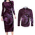 Aloha Hawaii Hammerhead Shark Couples Matching Long Sleeve Bodycon Dress and Long Sleeve Button Shirt Purple Kakau and Polynesian Tattoo LT03