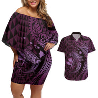 Aloha Hawaii Hammerhead Shark Couples Matching Off Shoulder Short Dress and Hawaiian Shirt Purple Kakau and Polynesian Tattoo LT03