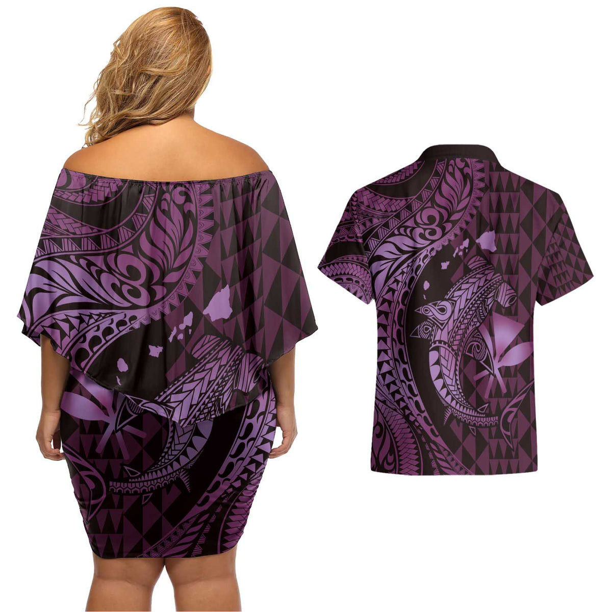 Aloha Hawaii Hammerhead Shark Couples Matching Off Shoulder Short Dress and Hawaiian Shirt Purple Kakau and Polynesian Tattoo LT03
