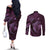 Aloha Hawaii Hammerhead Shark Couples Matching Off The Shoulder Long Sleeve Dress and Long Sleeve Button Shirt Purple Kakau and Polynesian Tattoo LT03