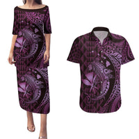 Aloha Hawaii Hammerhead Shark Couples Matching Puletasi and Hawaiian Shirt Purple Kakau and Polynesian Tattoo LT03