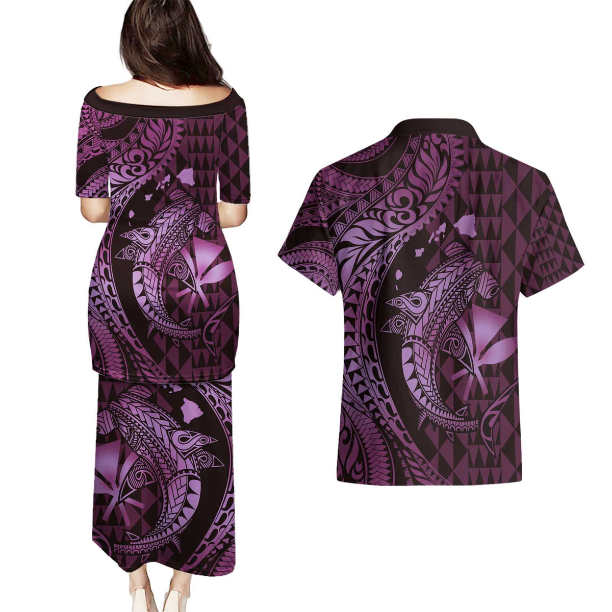 Aloha Hawaii Hammerhead Shark Couples Matching Puletasi and Hawaiian Shirt Purple Kakau and Polynesian Tattoo LT03