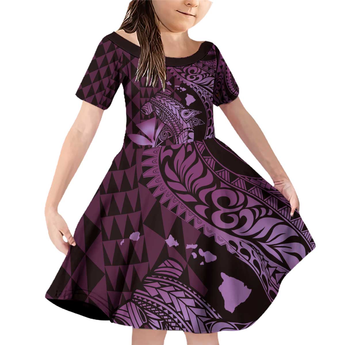 Aloha Hawaii Hammerhead Shark Family Matching Off Shoulder Short Dress and Hawaiian Shirt Purple Kakau and Polynesian Tattoo LT03