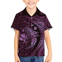 Aloha Hawaii Hammerhead Shark Family Matching Off Shoulder Short Dress and Hawaiian Shirt Purple Kakau and Polynesian Tattoo LT03