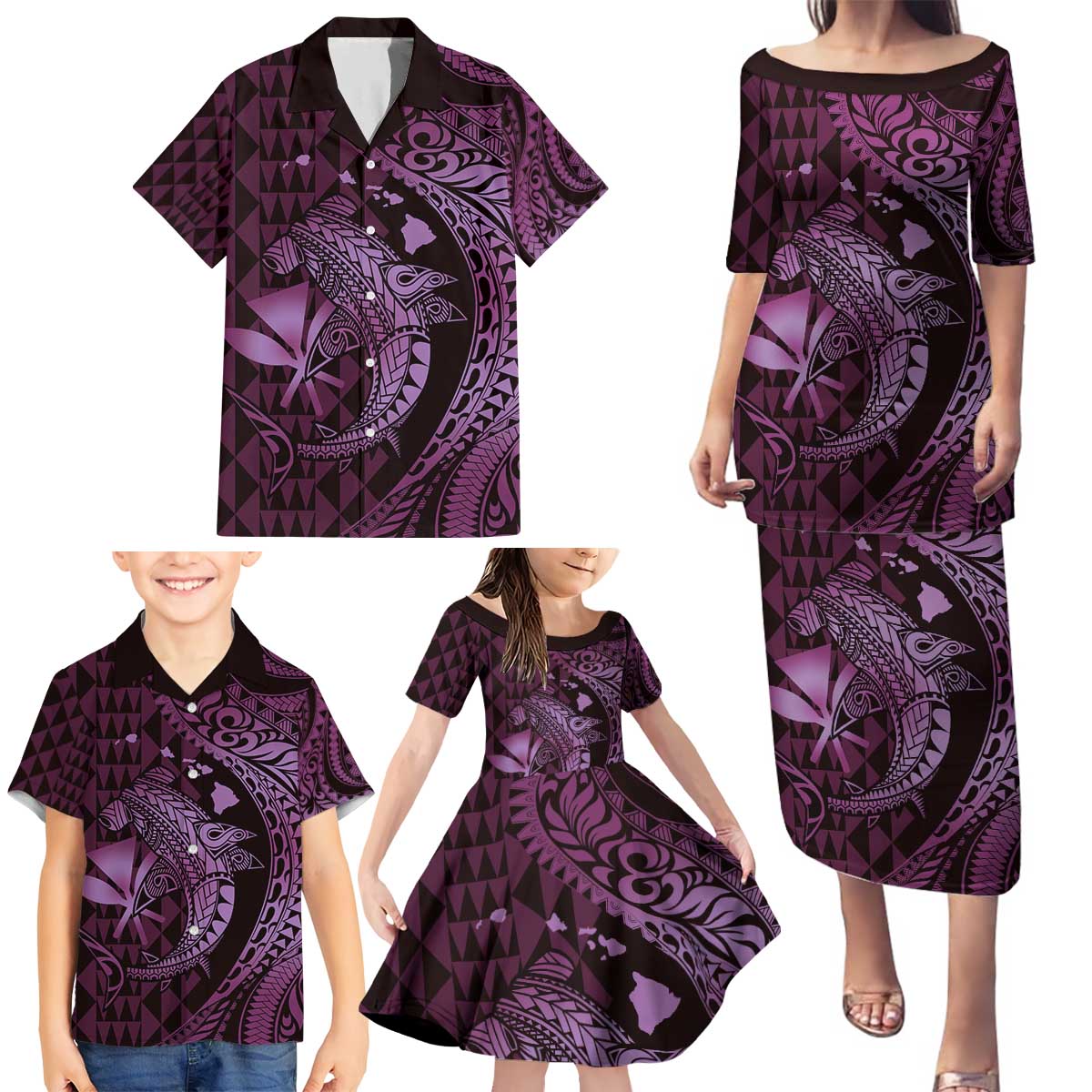 Aloha Hawaii Hammerhead Shark Family Matching Puletasi and Hawaiian Shirt Purple Kakau and Polynesian Tattoo LT03 - Polynesian Pride