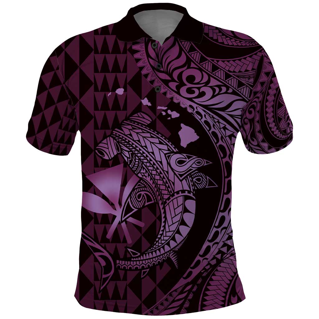 Aloha Hawaii Hammerhead Shark Polo Shirt Purple Kakau and Polynesian Tattoo LT03