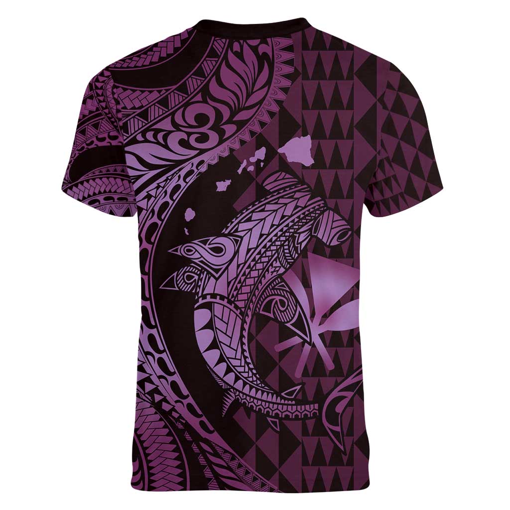 Aloha Hawaii Hammerhead Shark Women V-Neck T-Shirt Purple Kakau and Polynesian Tattoo LT03 - Polynesian Pride