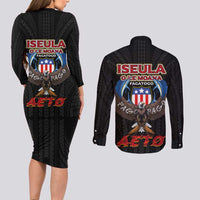 American Samoa Fautasi Couples Matching Long Sleeve Bodycon Dress and Long Sleeve Button Shirt Pago Pago Aeto and Iseula o le Moana of Fagatogo Black Color - Polynesian Pride