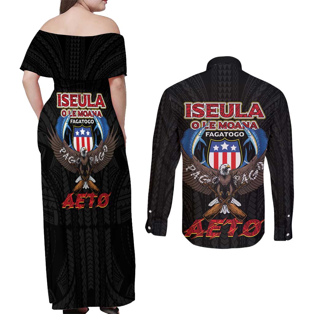 American Samoa Fautasi Couples Matching Off Shoulder Maxi Dress and Long Sleeve Button Shirt Pago Pago Aeto and Iseula o le Moana of Fagatogo Black Color - Polynesian Pride
