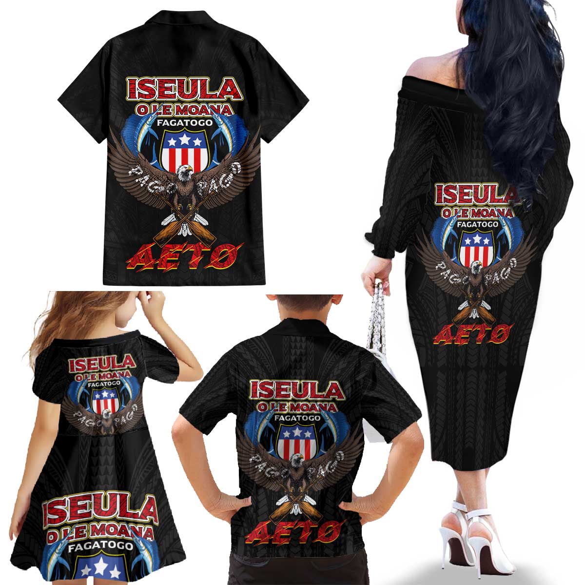 American Samoa Fautasi Family Matching Off The Shoulder Long Sleeve Dress and Hawaiian Shirt Pago Pago Aeto and Iseula o le Moana of Fagatogo Black Color - Polynesian Pride