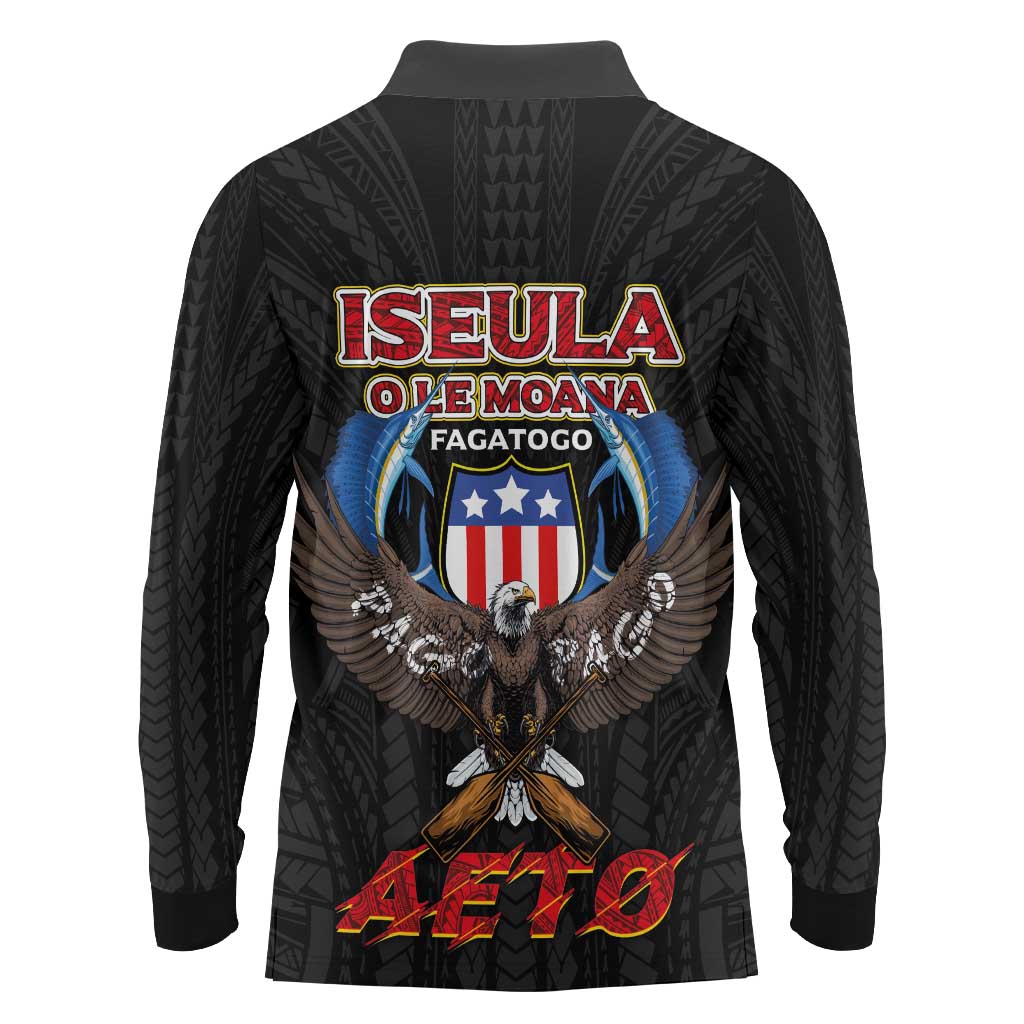 American Samoa Fautasi Long Sleeve Polo Shirt Pago Pago Aeto and Iseula o le Moana of Fagatogo Black Color - Polynesian Pride