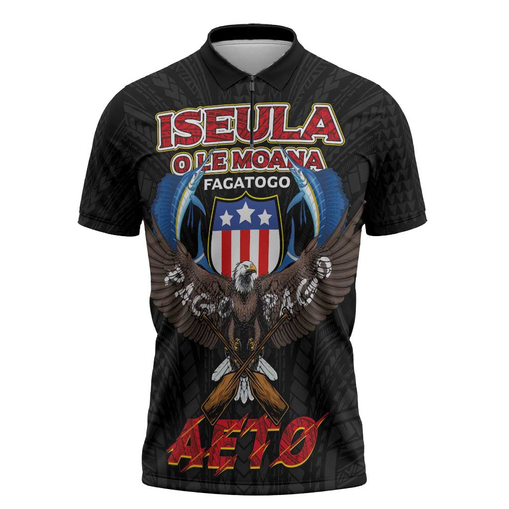 American Samoa Fautasi Zipper Polo Shirt Pago Pago Aeto and Iseula o le Moana of Fagatogo Black Color - Polynesian Pride