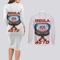 American Samoa Fautasi Couples Matching Long Sleeve Bodycon Dress and Long Sleeve Button Shirt Pago Pago Aeto and Iseula o le Moana of Fagatogo White Color - Polynesian Pride