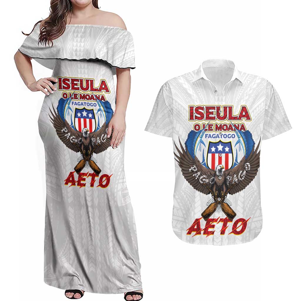American Samoa Fautasi Couples Matching Off Shoulder Maxi Dress and Hawaiian Shirt Pago Pago Aeto and Iseula o le Moana of Fagatogo White Color - Polynesian Pride