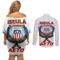 American Samoa Fautasi Couples Matching Off Shoulder Short Dress and Long Sleeve Button Shirt Pago Pago Aeto and Iseula o le Moana of Fagatogo White Color - Polynesian Pride