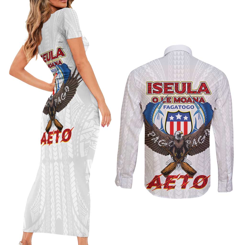 American Samoa Fautasi Couples Matching Short Sleeve Bodycon Dress and Long Sleeve Button Shirt Pago Pago Aeto and Iseula o le Moana of Fagatogo White Color - Polynesian Pride