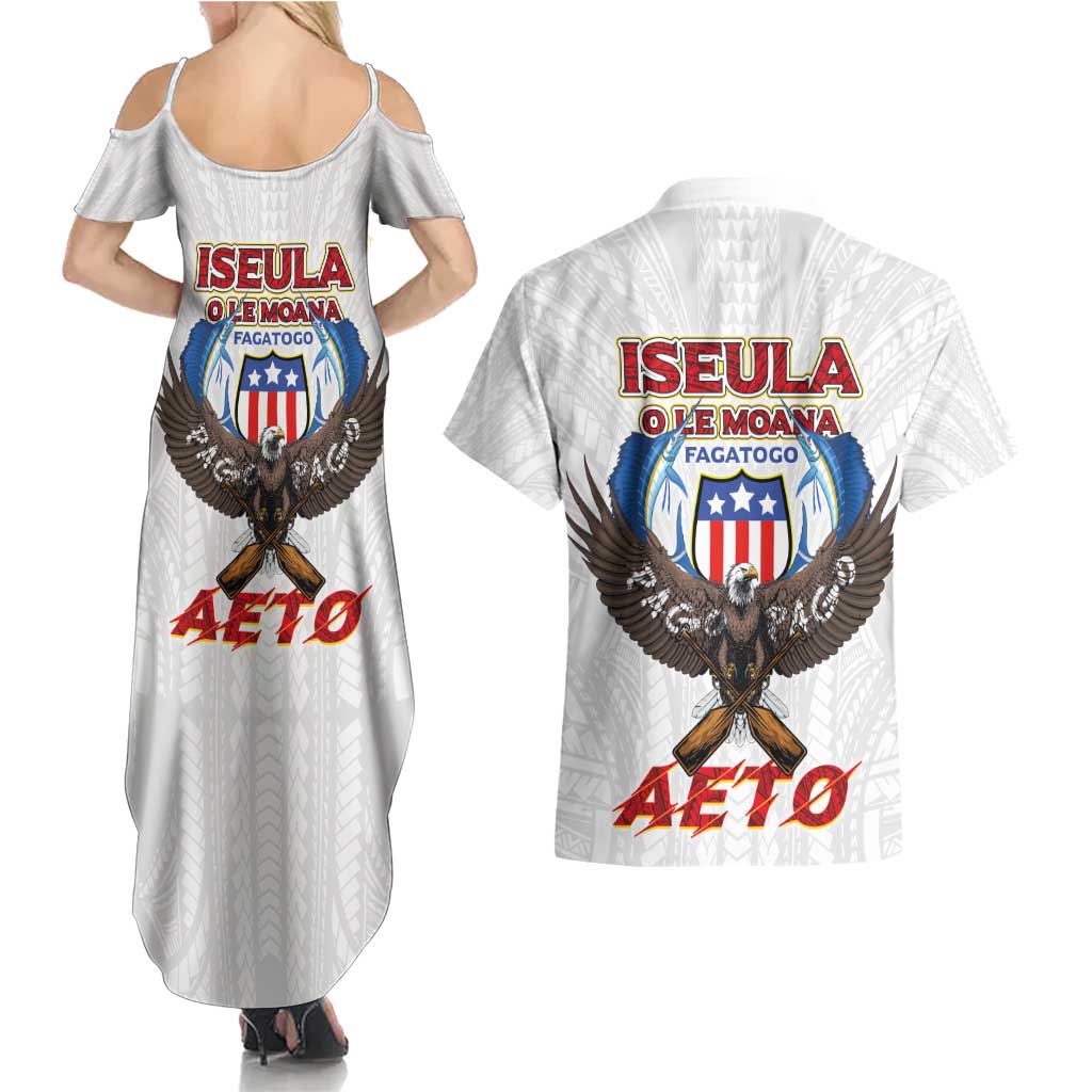 American Samoa Fautasi Couples Matching Summer Maxi Dress and Hawaiian Shirt Pago Pago Aeto and Iseula o le Moana of Fagatogo White Color - Polynesian Pride