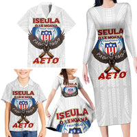 American Samoa Fautasi Family Matching Long Sleeve Bodycon Dress and Hawaiian Shirt Pago Pago Aeto and Iseula o le Moana of Fagatogo White Color - Polynesian Pride