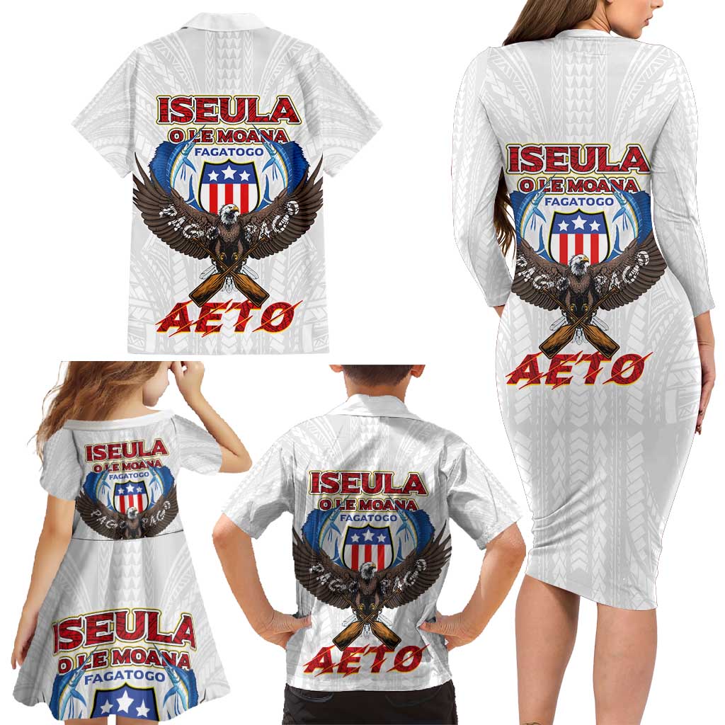 American Samoa Fautasi Family Matching Long Sleeve Bodycon Dress and Hawaiian Shirt Pago Pago Aeto and Iseula o le Moana of Fagatogo White Color - Polynesian Pride