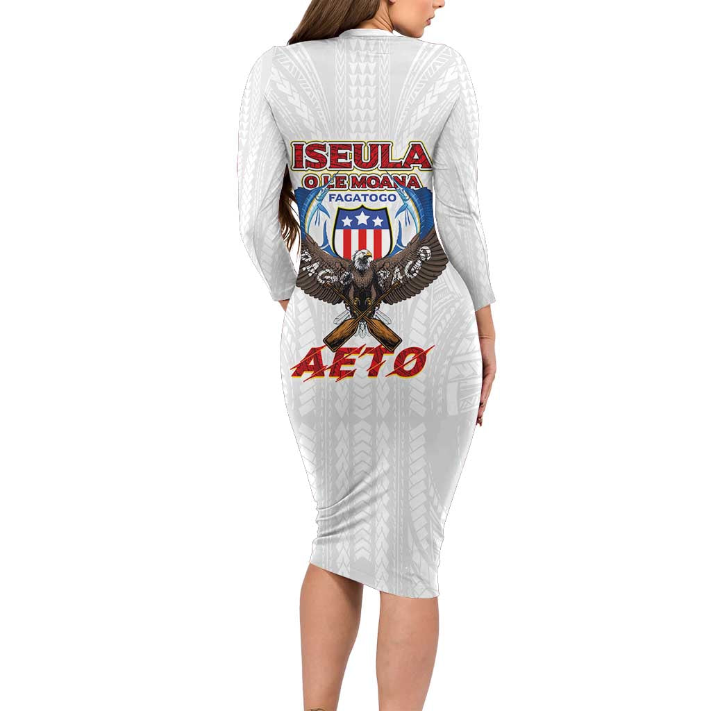 American Samoa Fautasi Family Matching Long Sleeve Bodycon Dress and Hawaiian Shirt Pago Pago Aeto and Iseula o le Moana of Fagatogo White Color - Polynesian Pride