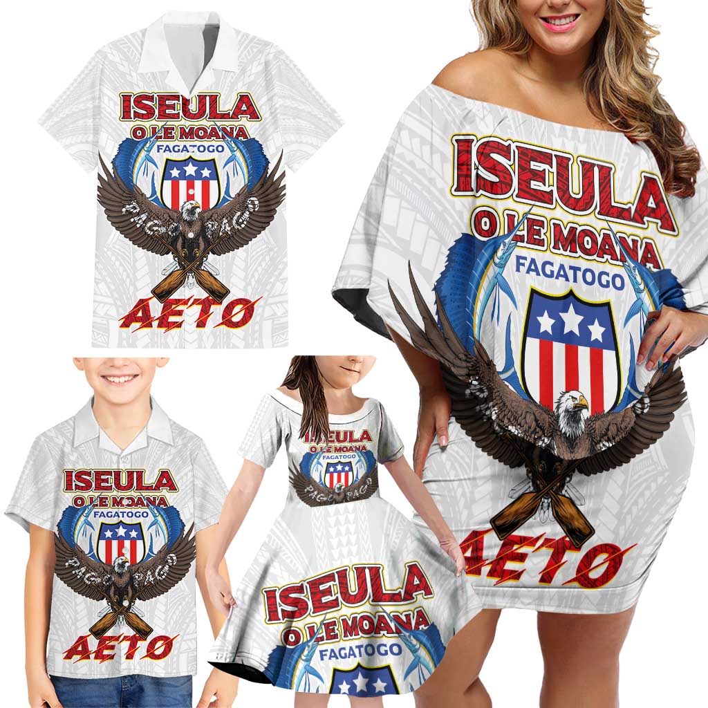 American Samoa Fautasi Family Matching Off Shoulder Short Dress and Hawaiian Shirt Pago Pago Aeto and Iseula o le Moana of Fagatogo White Color - Polynesian Pride