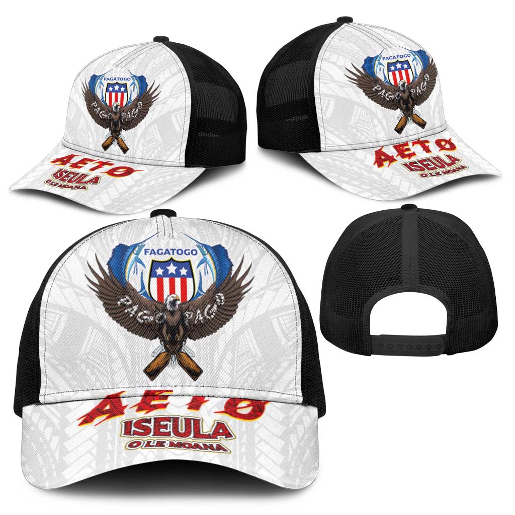 American Samoa Fautasi Mesh Trucker Cap Pago Pago Aeto and Iseula o le Moana of Fagatogo White Color - Polynesian Pride