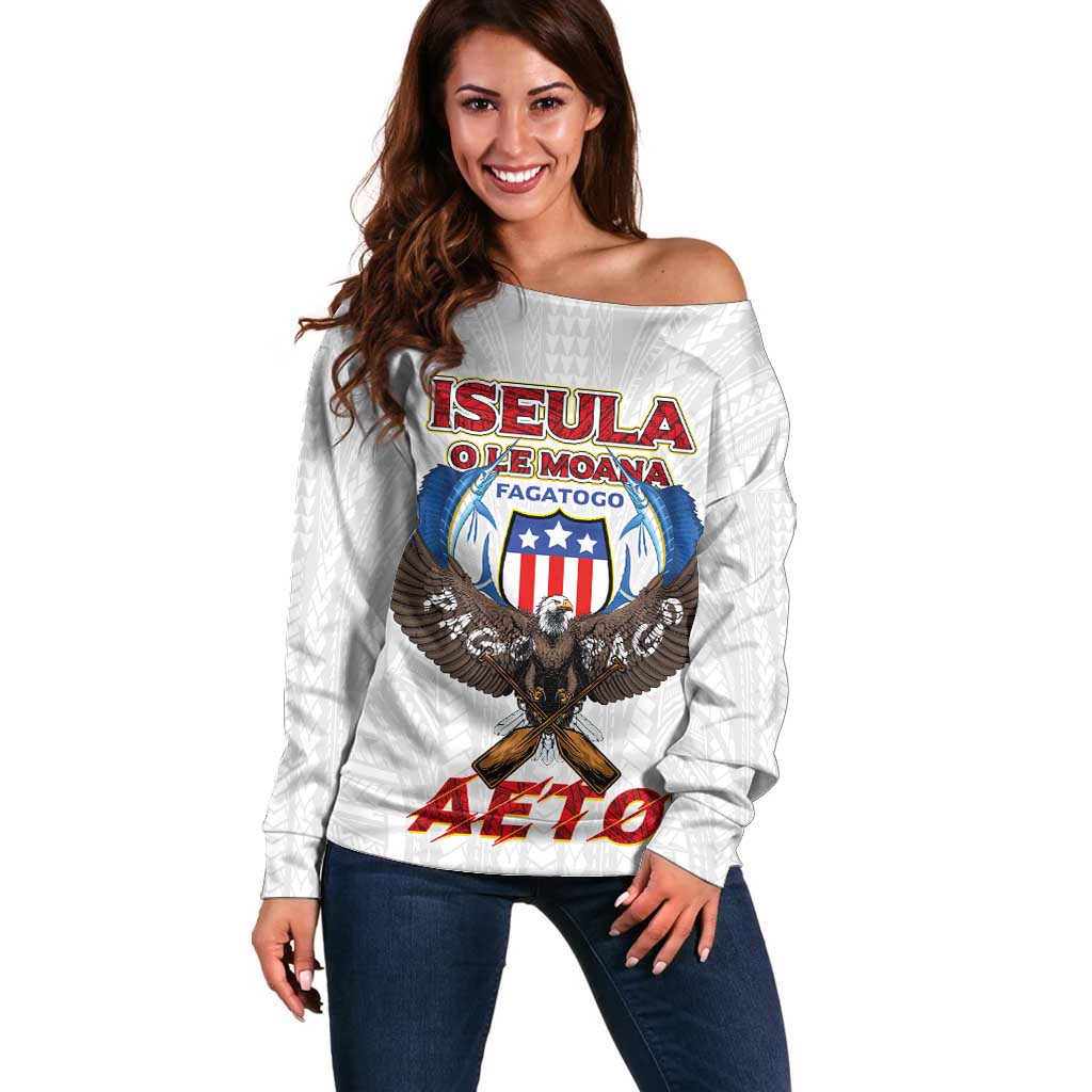 American Samoa Fautasi Off Shoulder Sweater Pago Pago Aeto and Iseula o le Moana of Fagatogo White Color - Polynesian Pride