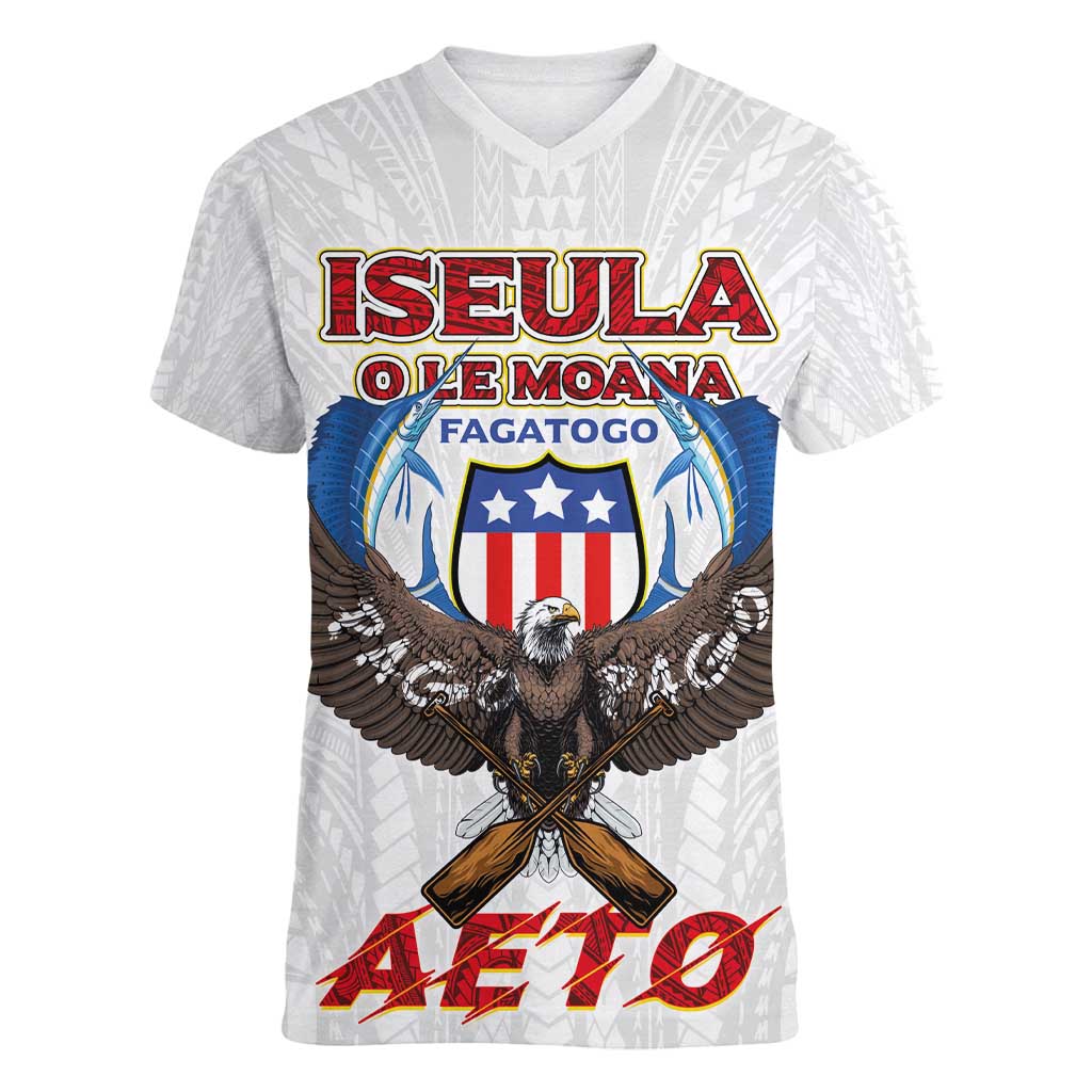 American Samoa Fautasi Women V-Neck T-Shirt Pago Pago Aeto and Iseula o le Moana of Fagatogo White Color - Polynesian Pride