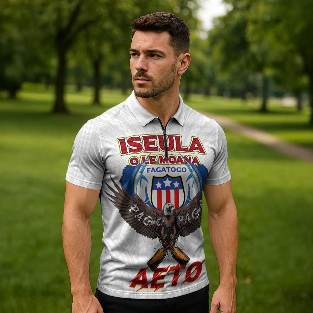 American Samoa Fautasi Zipper Polo Shirt Pago Pago Aeto and Iseula o le Moana of Fagatogo White Color - Polynesian Pride