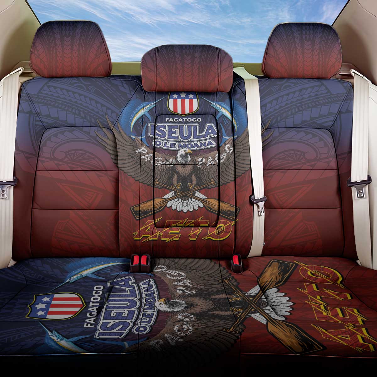 American Samoa Fautasi Back Car Seat Cover Pago Pago Aeto and Iseula o le Moana of Fagatogo Red-Blue - Polynesian Pride