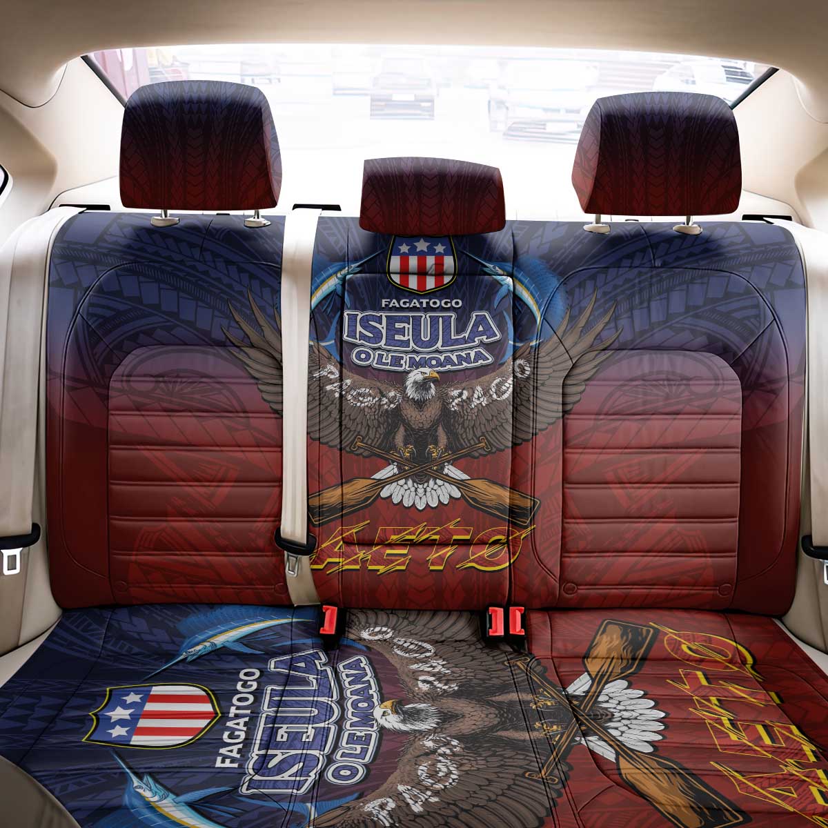 American Samoa Fautasi Back Car Seat Cover Pago Pago Aeto and Iseula o le Moana of Fagatogo Red-Blue - Polynesian Pride