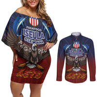 American Samoa Fautasi Couples Matching Off Shoulder Short Dress and Long Sleeve Button Shirt Pago Pago Aeto and Iseula o le Moana of Fagatogo Red-Blue - Polynesian Pride