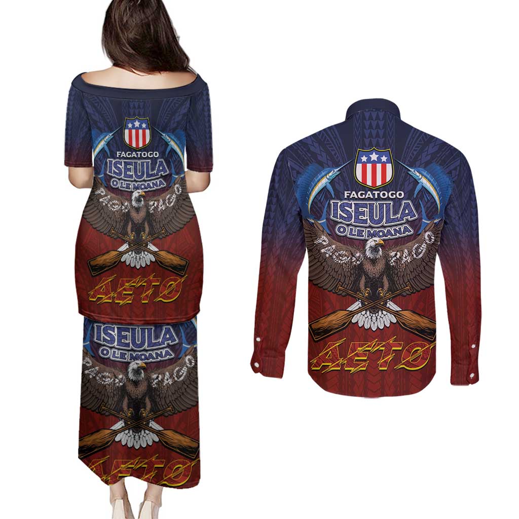 American Samoa Fautasi Couples Matching Puletasi and Long Sleeve Button Shirt Pago Pago Aeto and Iseula o le Moana of Fagatogo Red-Blue - Polynesian Pride