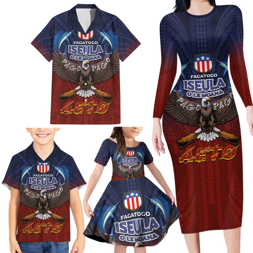 American Samoa Fautasi Family Matching Long Sleeve Bodycon Dress and Hawaiian Shirt Pago Pago Aeto and Iseula o le Moana of Fagatogo Red-Blue - Polynesian Pride