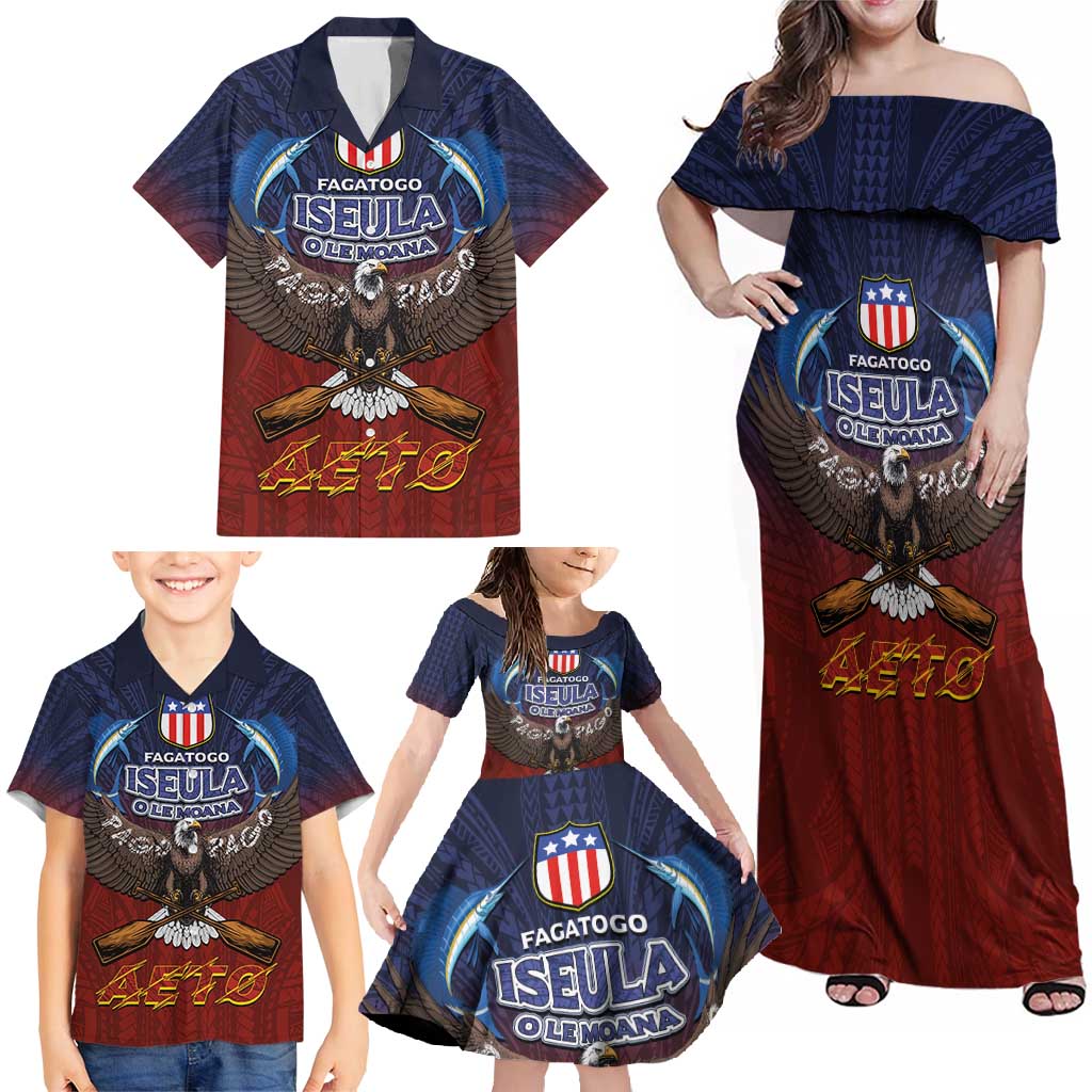 American Samoa Fautasi Family Matching Off Shoulder Maxi Dress and Hawaiian Shirt Pago Pago Aeto and Iseula o le Moana of Fagatogo Red-Blue - Polynesian Pride