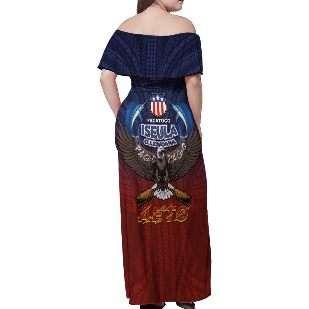 American Samoa Fautasi Family Matching Off Shoulder Maxi Dress and Hawaiian Shirt Pago Pago Aeto and Iseula o le Moana of Fagatogo Red-Blue - Polynesian Pride