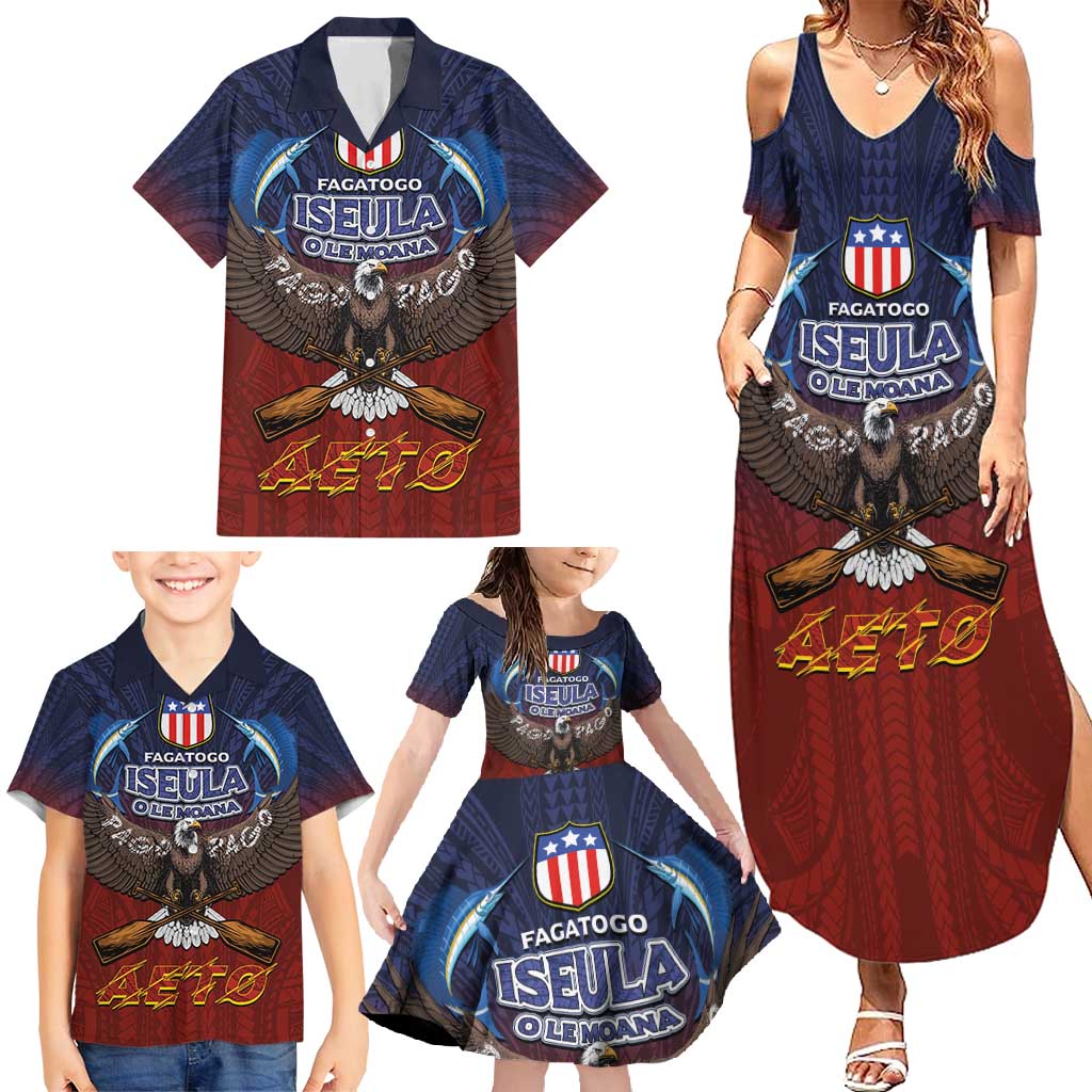 American Samoa Fautasi Family Matching Summer Maxi Dress and Hawaiian Shirt Pago Pago Aeto and Iseula o le Moana of Fagatogo Red-Blue - Polynesian Pride