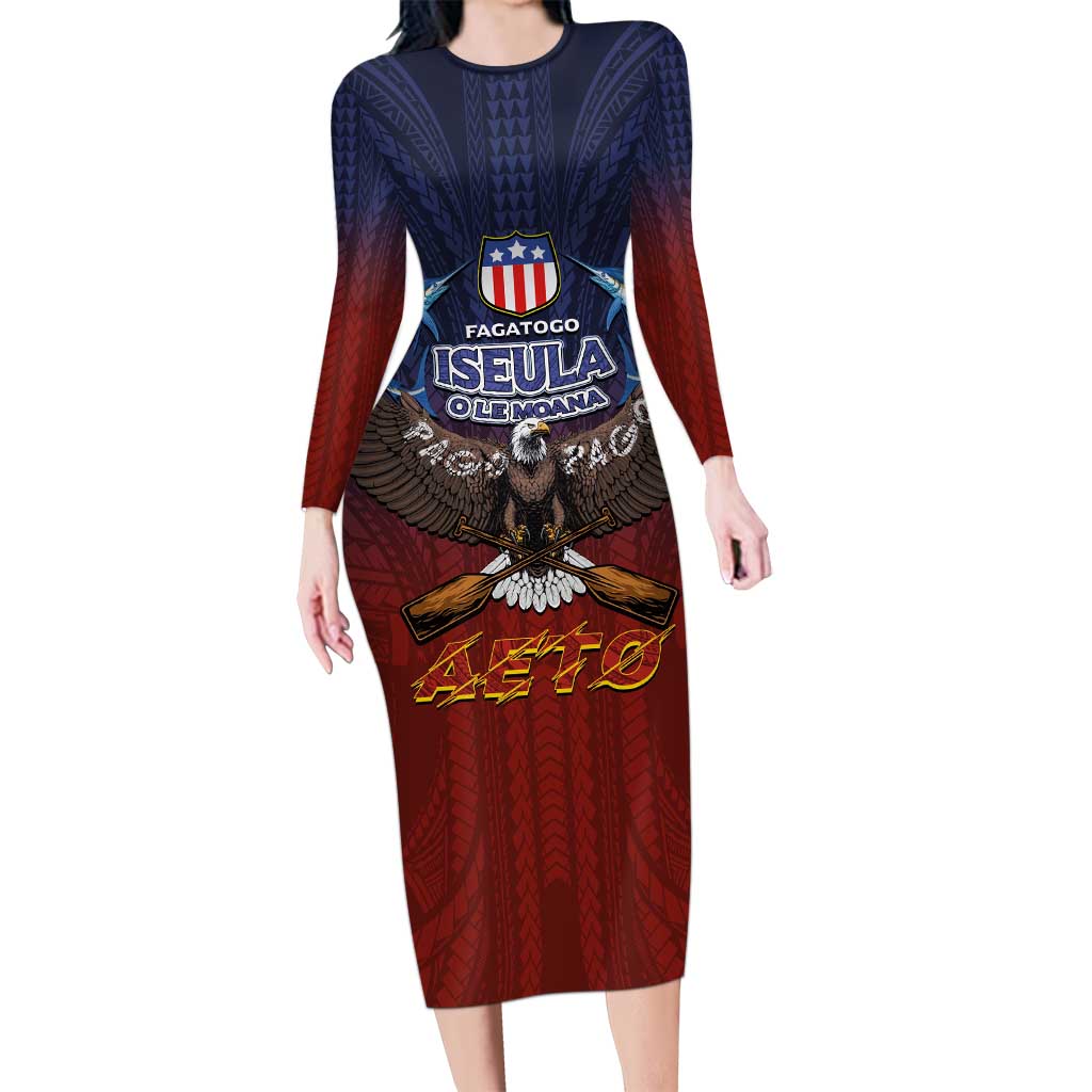 American Samoa Fautasi Long Sleeve Bodycon Dress Pago Pago Aeto and Iseula o le Moana of Fagatogo Red-Blue - Polynesian Pride