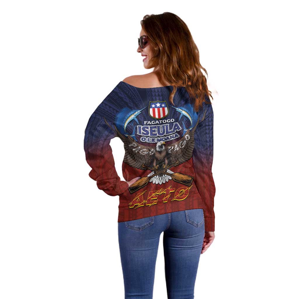 American Samoa Fautasi Off Shoulder Sweater Pago Pago Aeto and Iseula o le Moana of Fagatogo Red-Blue LT03 - Polynesian Pride