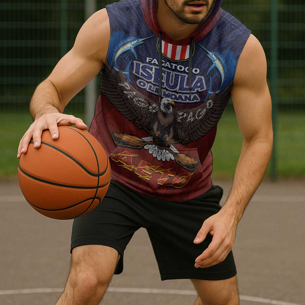 American Samoa Fautasi Sleeveless Hoodie Pago Pago Aeto and Iseula o le Moana of Fagatogo Red-Blue - Polynesian Pride