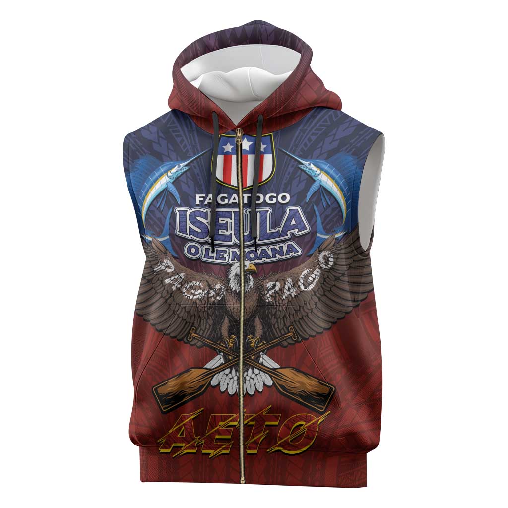 American Samoa Fautasi Sleeveless Zip Hoodie Pago Pago Aeto and Iseula o le Moana of Fagatogo Red-Blue - Polynesian Pride
