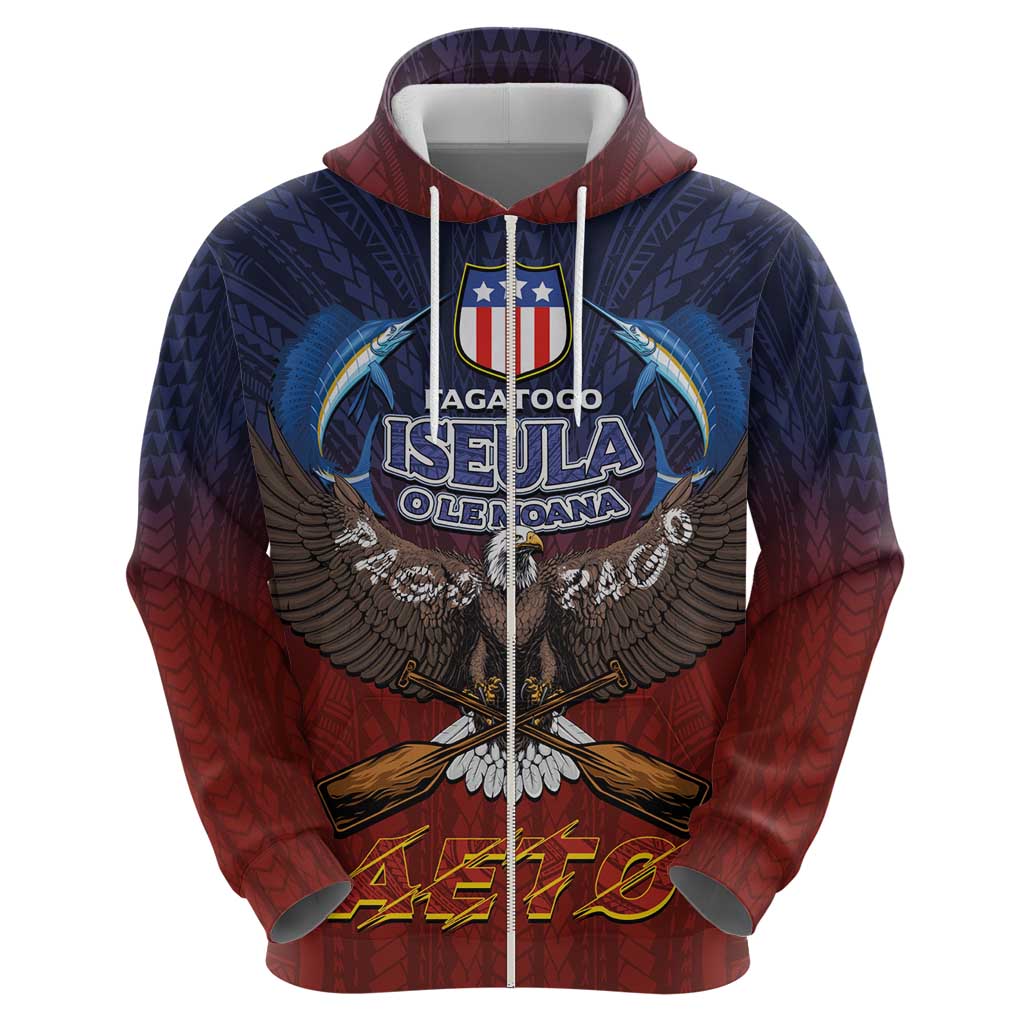 American Samoa Fautasi Zip Hoodie Pago Pago Aeto and Iseula o le Moana of Fagatogo Red-Blue - Polynesian Pride