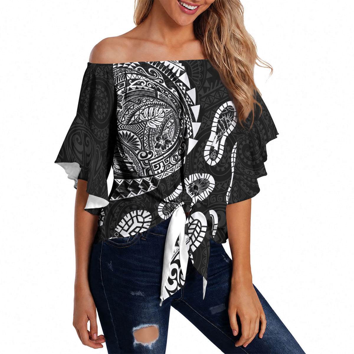 Hawaii Running Off Shoulder Wrap Waist Top Polynesian Tribal Tattoo