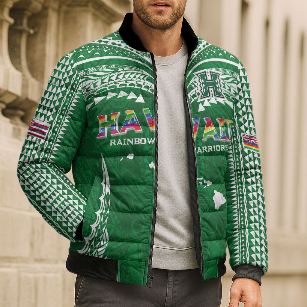 Custom Hawaii Rainbow Warriors Bomber Puffer Jacket Polynesian Motif Green Color