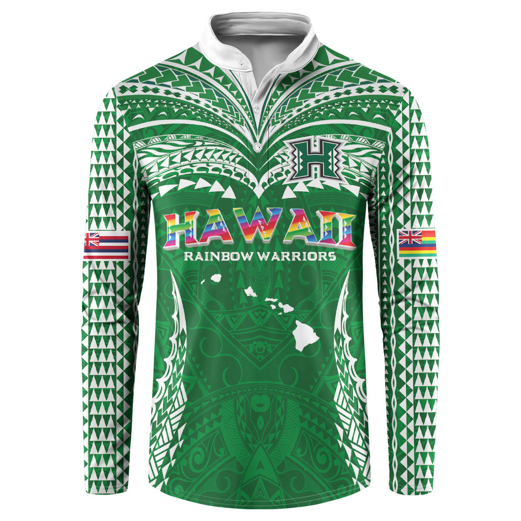 Custom Hawaii Rainbow Warriors Button Sweatshirt Polynesian Motif Green Color